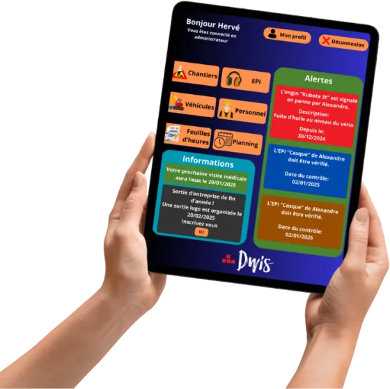 Tablette affichant l’application de gestion BTP DWIS : chantiers, EPI, véhicules, personnel, alertes